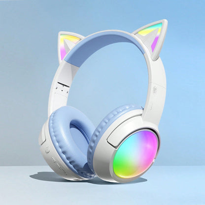 Cute RGB Cat Ear Bluetooth Headphones With LED Light Up Over-Ear Headset 20H Playtime Foldable Wireless Headphones With AUX TF Card For Gaming Music Learning