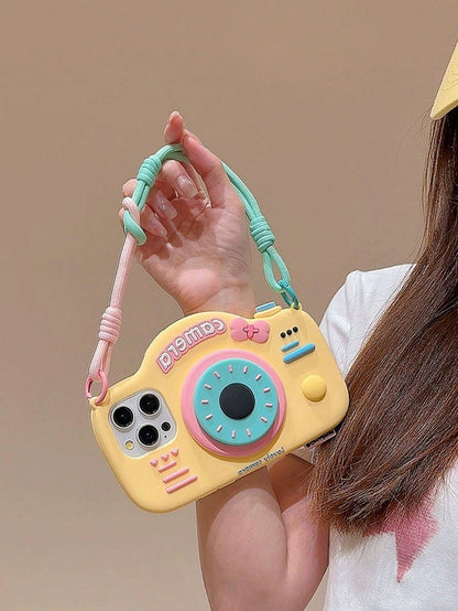 Cute Silicone Camera Shape With Phone Charm 3D Cartoon Camera Shape Phone Strap Holder Compatible With IPhone 14/ Compatible With IPhone 15 Pro Max/New 13 Pro/12/14 Pro Silicon Protective Case, Cute D