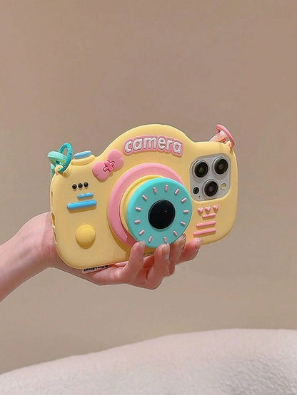 Cute Silicone Camera Shape With Phone Charm 3D Cartoon Camera Shape Phone Strap Holder Compatible With IPhone 14/ Compatible With IPhone 15 Pro Max/New 13 Pro/12/14 Pro Silicon Protective Case, Cute D