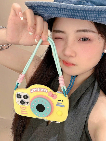 Cute Silicone Camera Shape With Phone Charm 3D Cartoon Camera Shape Phone Strap Holder Compatible With IPhone 14/ Compatible With IPhone 15 Pro Max/New 13 Pro/12/14 Pro Silicon Protective Case, Cute D