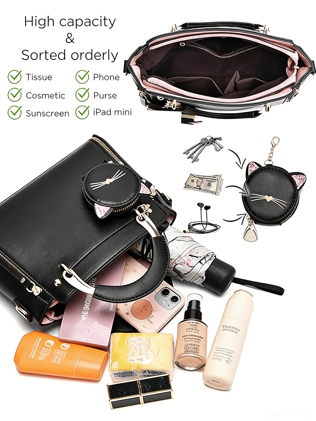 Cute Square Top Handle Bag With Cat Coin Purse For Women Pu Leather Shoulder Bag Adjustable Strap Crossbody Bag For Daily Commuting Bags For Women