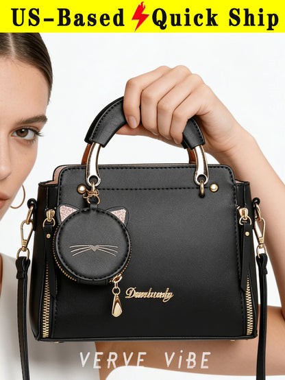 Cute Square Top Handle Bag With Cat Coin Purse For Women Pu Leather Shoulder Bag Adjustable Strap Crossbody Bag For Daily Commuting Bags For Women