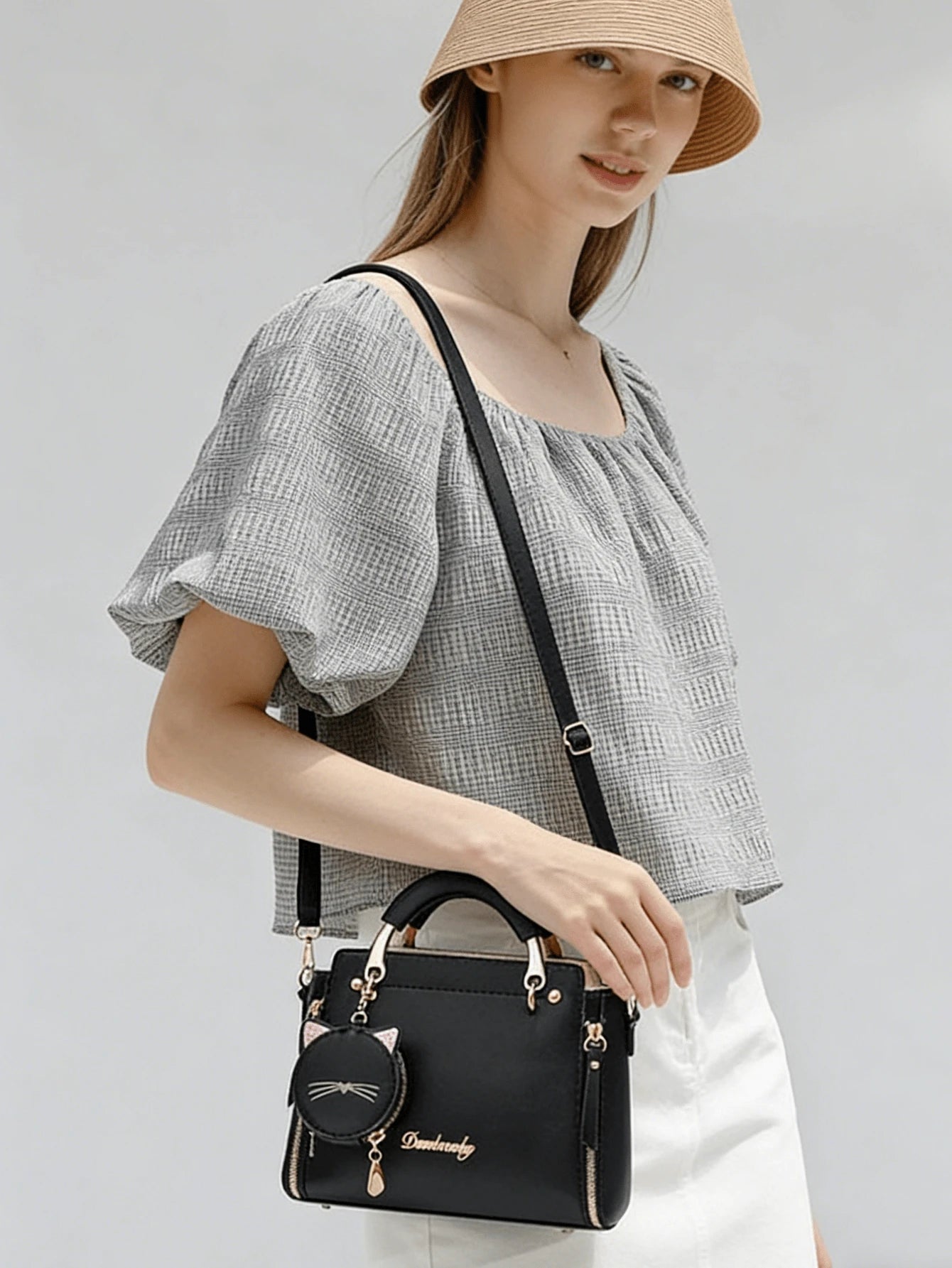 Cute Square Top Handle Bag With Cat Coin Purse For Women Pu Leather Shoulder Bag Adjustable Strap Crossbody Bag For Daily Commuting Bags For Women