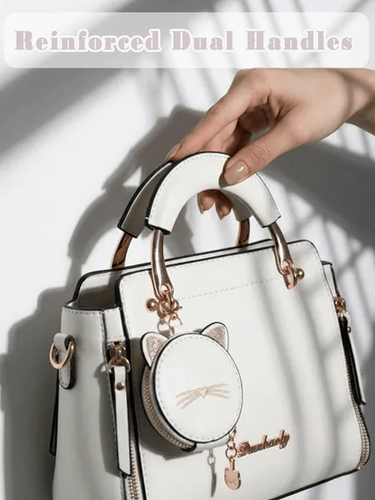 Cute Square Top Handle Bag With Cat Coin Purse For Women Pu Leather Shoulder Bag Adjustable Strap Crossbody Bag For Daily Commuting Bags For Women