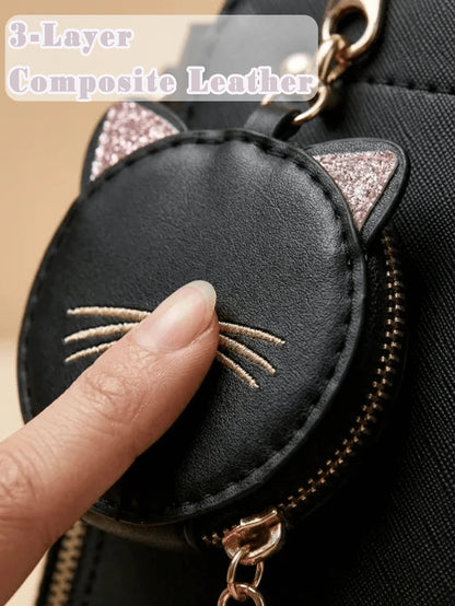 Cute Square Top Handle Bag With Cat Coin Purse For Women Pu Leather Shoulder Bag Adjustable Strap Crossbody Bag For Daily Commuting Bags For Women