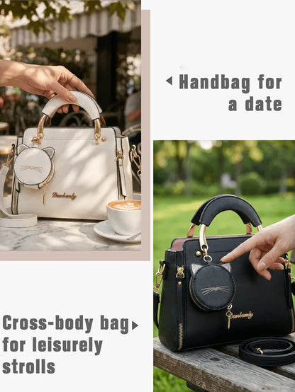 Cute Square Top Handle Bag With Cat Coin Purse For Women Pu Leather Shoulder Bag Adjustable Strap Crossbody Bag For Daily Commuting Bags For Women