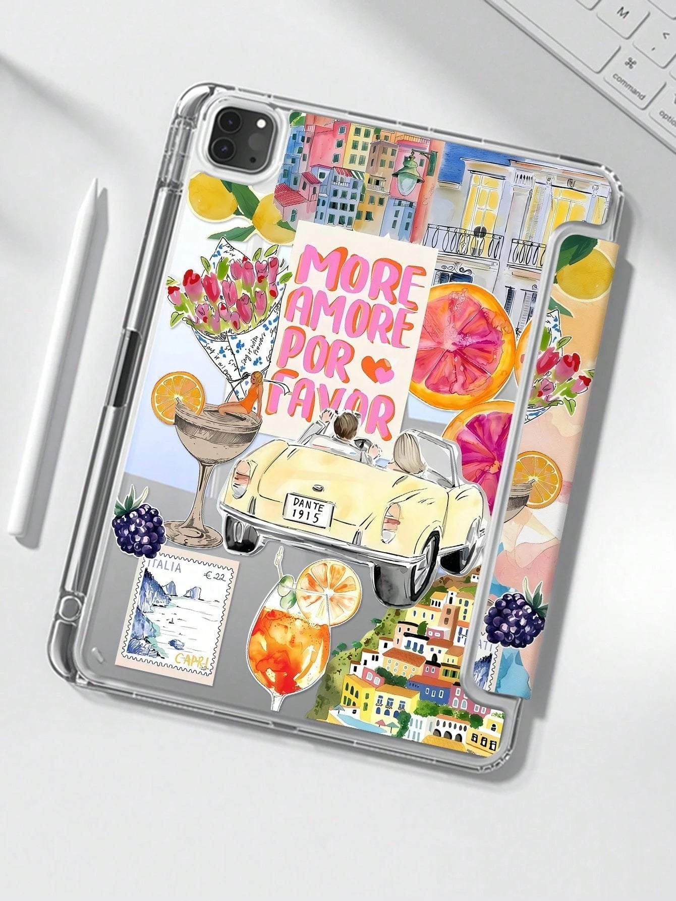 Cute Vacation Style Acrylic Shock-Resistant Italian Vacation Themed Collage Transparent Crystal Back Cover Elegant Cartoon Fruit Letter Cocktail Puzzle Style Double-Sided Compatible With Ipad 7th 8th
