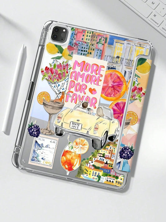 Cute Vacation Style Acrylic Shock-Resistant Italian Vacation Themed Collage Transparent Crystal Back Cover Elegant Cartoon Fruit Letter Cocktail Puzzle Style Double-Sided Compatible With Ipad 7th 8th