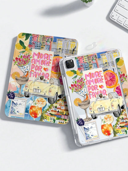 Cute Vacation Style Acrylic Shock-Resistant Italian Vacation Themed Collage Transparent Crystal Back Cover Elegant Cartoon Fruit Letter Cocktail Puzzle Style Double-Sided Compatible With Ipad 7th 8th