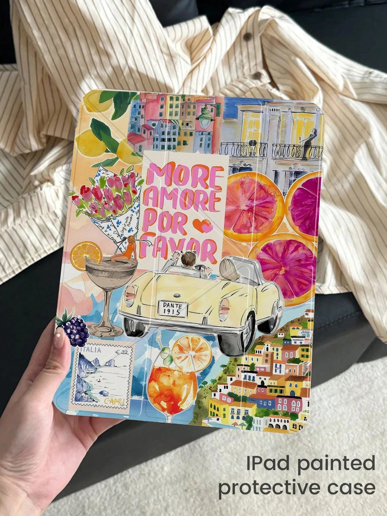 Cute Vacation Style Acrylic Shock-Resistant Italian Vacation Themed Collage Transparent Crystal Back Cover Elegant Cartoon Fruit Letter Cocktail Puzzle Style Double-Sided Compatible With Ipad 7th 8th
