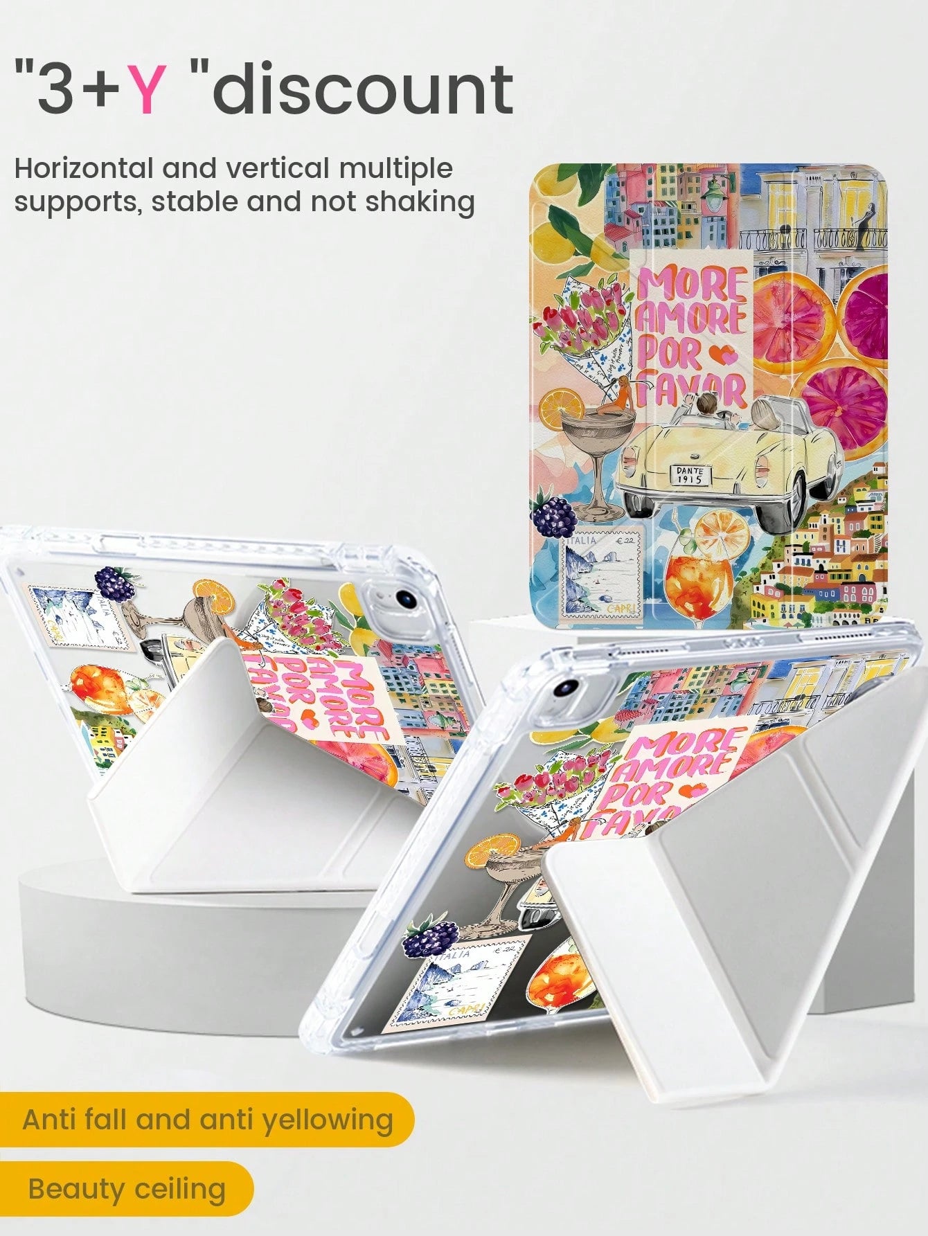Cute Vacation Style Acrylic Shock-Resistant Italian Vacation Themed Collage Transparent Crystal Back Cover Elegant Cartoon Fruit Letter Cocktail Puzzle Style Double-Sided Compatible With Ipad 7th 8th