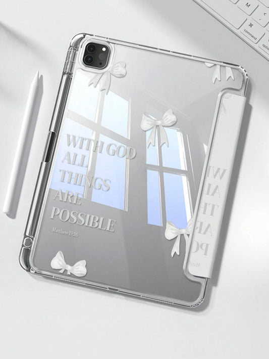 Cute White Bow Pattern Acrylic Transparent Shock-Absorbing Double-Sided Crystal Back Cover Cartoon Letter Pattern Compatible With Ipad 7th 8th 10th Generation 10.2 Inch Built-In Pen Slot Support Sleep