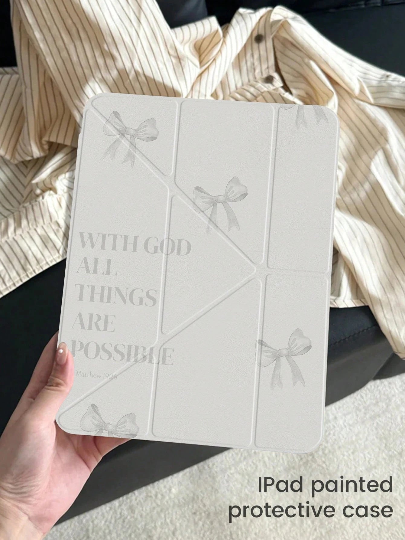 Cute White Bow Pattern Acrylic Transparent Shock-Absorbing Double-Sided Crystal Back Cover Cartoon Letter Pattern Compatible With Ipad 7th 8th 10th Generation 10.2 Inch Built-In Pen Slot Support Sleep