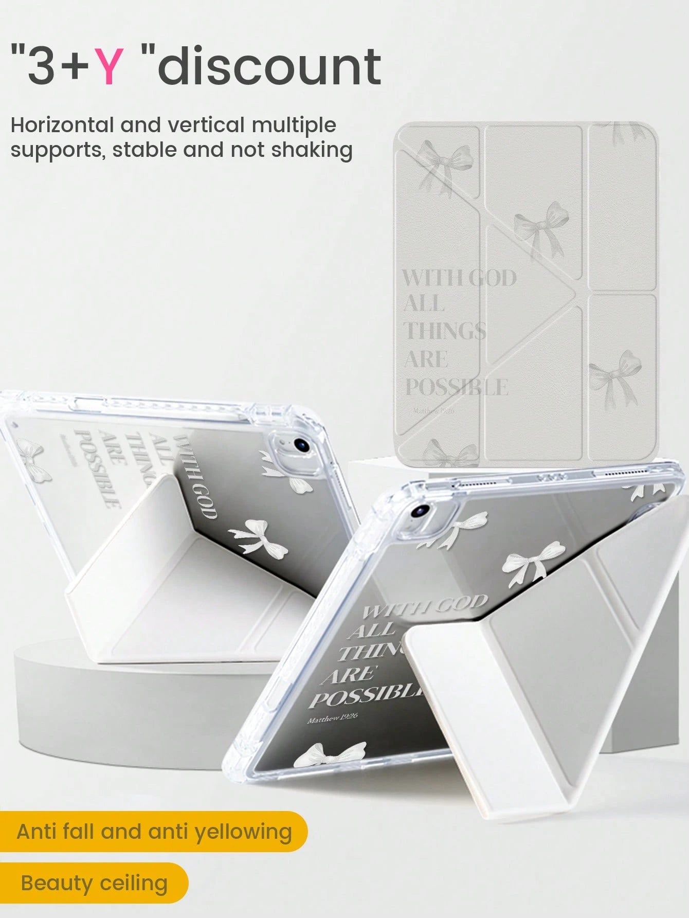Cute White Bow Pattern Acrylic Transparent Shock-Absorbing Double-Sided Crystal Back Cover Cartoon Letter Pattern Compatible With Ipad 7th 8th 10th Generation 10.2 Inch Built-In Pen Slot Support Sleep