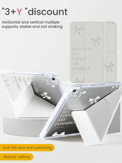 Cute White Bow Pattern Acrylic Transparent Shock-Absorbing Double-Sided Crystal Back Cover Cartoon Letter Pattern Compatible With Ipad 7th 8th 10th Generation 10.2 Inch Built-In Pen Slot Support Sleep