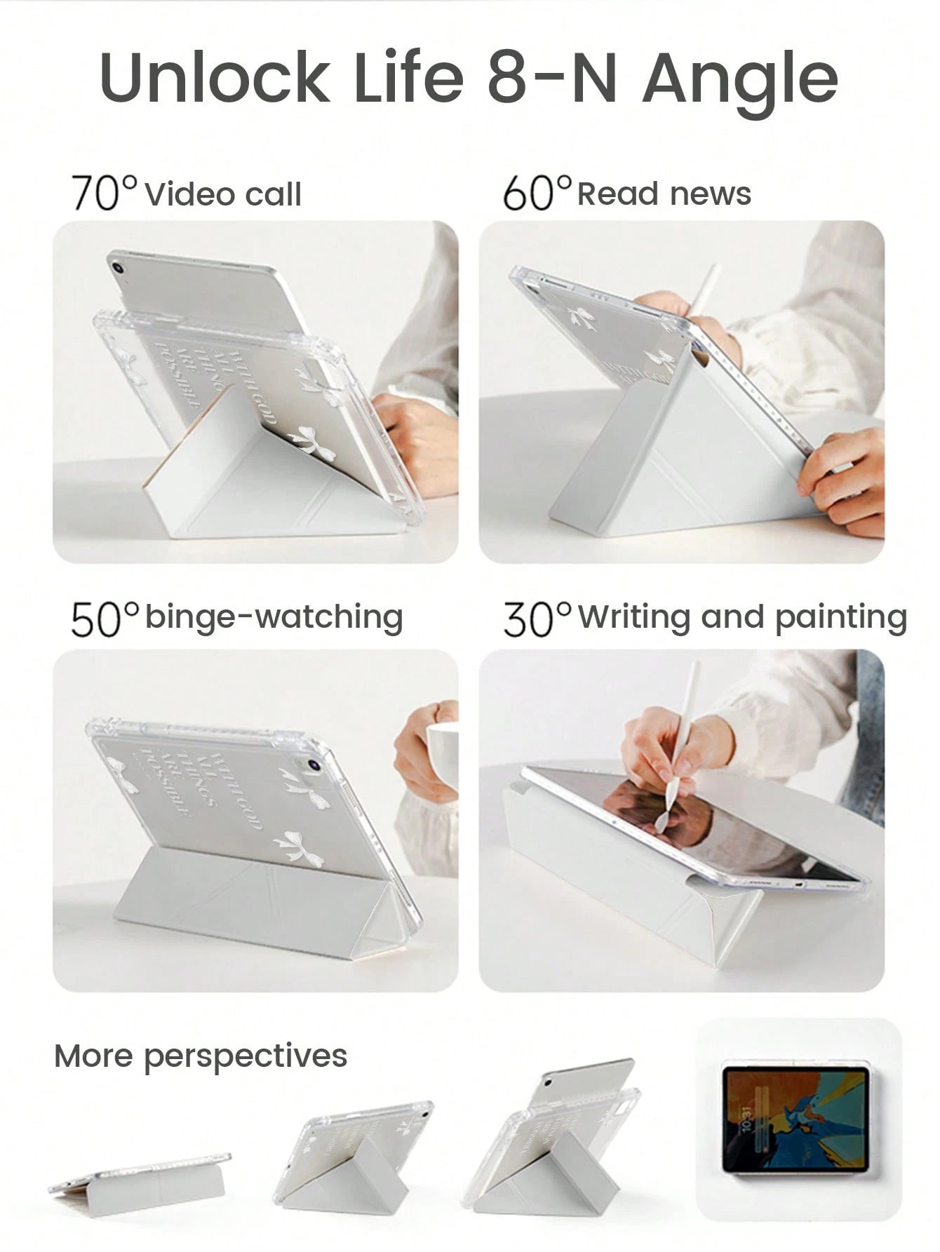 Cute White Bow Pattern Acrylic Transparent Shock-Absorbing Double-Sided Crystal Back Cover Cartoon Letter Pattern Compatible With Ipad 7th 8th 10th Generation 10.2 Inch Built-In Pen Slot Support Sleep