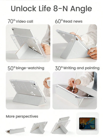 Cute White Bow Pattern Acrylic Transparent Shock-Absorbing Double-Sided Crystal Back Cover Cartoon Letter Pattern Compatible With Ipad 7th 8th 10th Generation 10.2 Inch Built-In Pen Slot Support Sleep