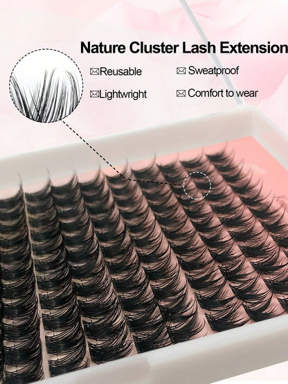 D Curl 176 PCS Lash Clusters Wispy Cluster Eyelash Extensions Puffy Individual Lashes 9-16mm Waterproof Natural Lash Extension DIY Cluster Lashes With Soft Thin Band