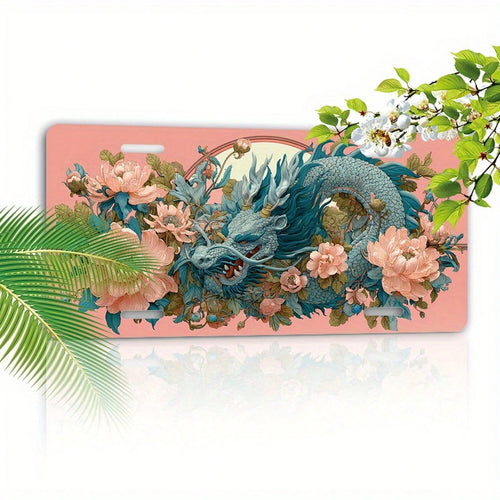 D Flat Only For Decoration, Asian-Style Dragon And Peach Blossom Petal License Plate With Pink Frame Window Design, Heavy-Duty Aluminum Structure, Compatible With US Standard Vehicles, Cars, Trucks, M