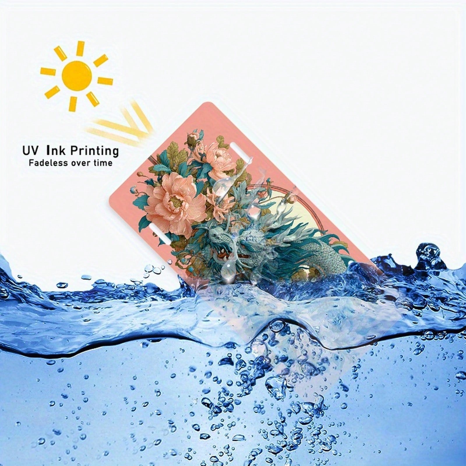 D Flat Only For Decoration, Asian-Style Dragon And Peach Blossom Petal License Plate With Pink Frame Window Design, Heavy-Duty Aluminum Structure, Compatible With US Standard Vehicles, Cars, Trucks, M