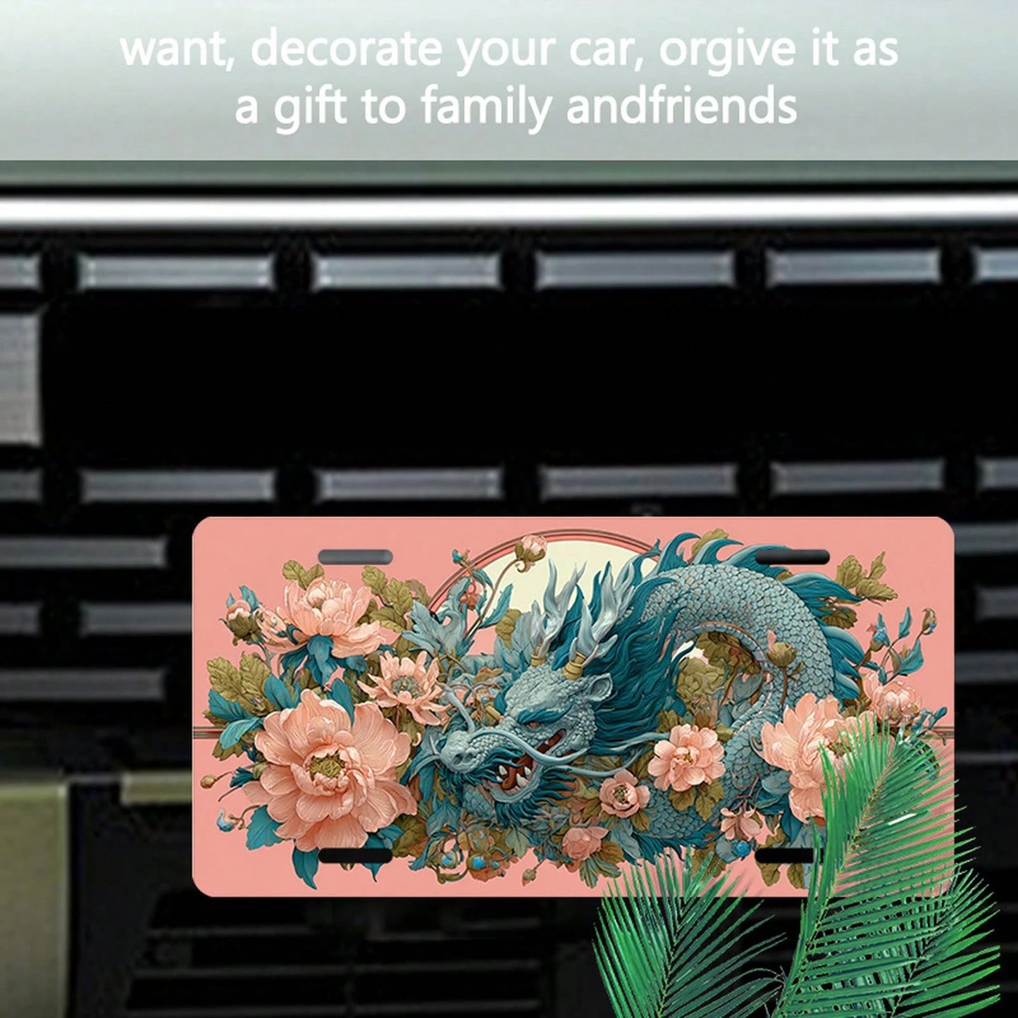 D Flat Only For Decoration, Asian-Style Dragon And Peach Blossom Petal License Plate With Pink Frame Window Design, Heavy-Duty Aluminum Structure, Compatible With US Standard Vehicles, Cars, Trucks, M