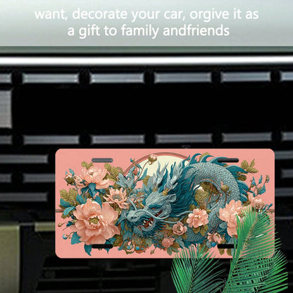 D Flat Only For Decoration, Asian-Style Dragon And Peach Blossom Petal License Plate With Pink Frame Window Design, Heavy-Duty Aluminum Structure, Compatible With US Standard Vehicles, Cars, Trucks, M