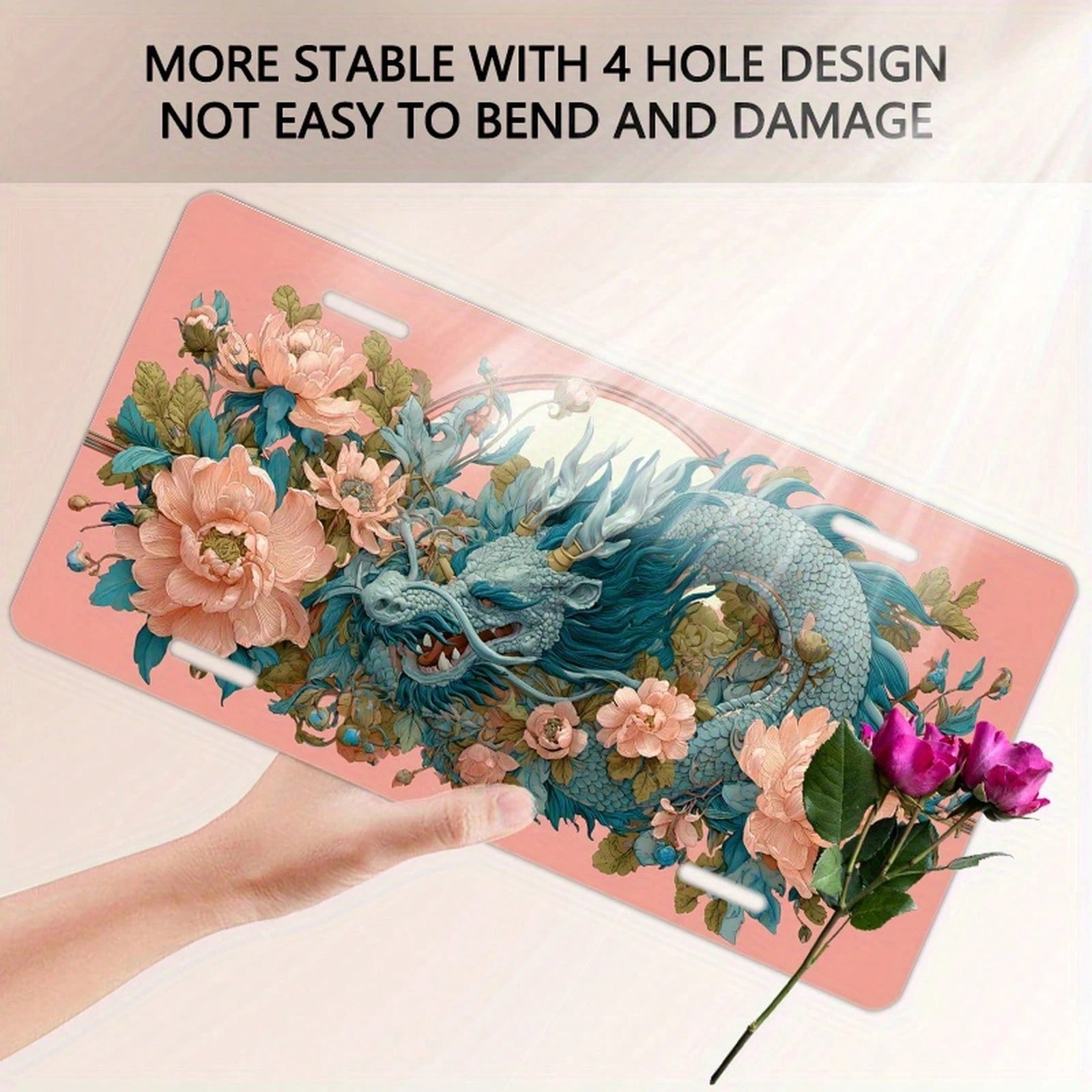 D Flat Only For Decoration, Asian-Style Dragon And Peach Blossom Petal License Plate With Pink Frame Window Design, Heavy-Duty Aluminum Structure, Compatible With US Standard Vehicles, Cars, Trucks, M