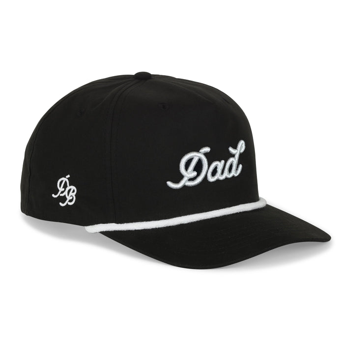 Black Dad Rope Hat – 5-panel snapback dad hat with puff 3D embroidery, white rope and thread, lightweight and comfortable dad gift
