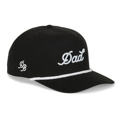 Black Dad Rope Hat – 5-panel snapback dad hat with puff 3D embroidery, white rope and thread, lightweight and comfortable dad gift