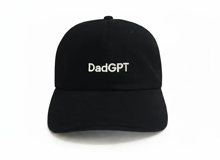 DadGPT Hat – Black 6-panel embroidered Dad hat with adjustable strap, cotton fabric, and stitched DadGPT logo.