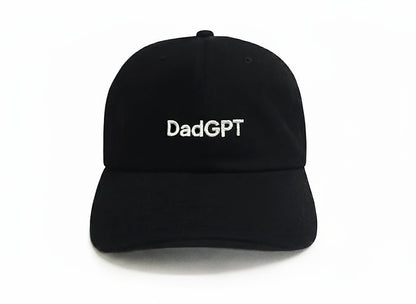 DadGPT Hat – Black 6-panel embroidered Dad hat with adjustable strap, cotton fabric, and stitched DadGPT logo.