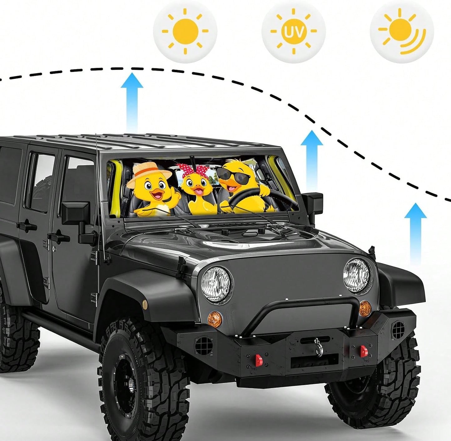 DaisyInner Windshield Sun Shade Compatible With Jeep Jk Jku Jl Jlu 1997-2023 And Compatible With Gladiator Jt 2020-2023 Foldable Windshield Sunvisor Blocks UV Rays (Duck, 16.5" X 52.5")