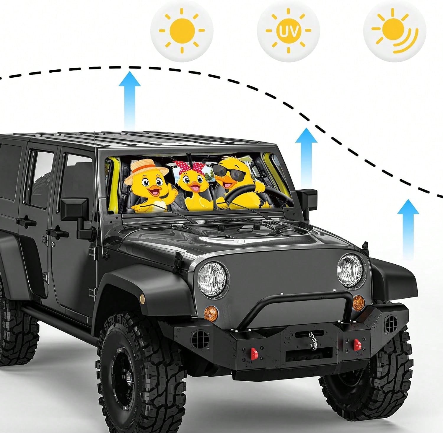 DaisyInner Windshield Sun Shade Compatible With Jeep Jk Jku Jl Jlu 1997-2023 And Compatible With Gladiator Jt 2020-2023 Foldable Windshield Sunvisor Blocks UV Rays (Duck, 16.5" X 52.5")