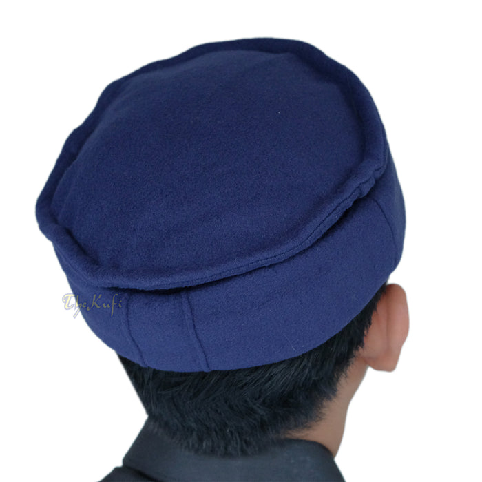 Dark Blue Afghani-Style "Tauhid until the end" Faux Wool Stretchable Pakol Mujahidin Soft Kufi Hat