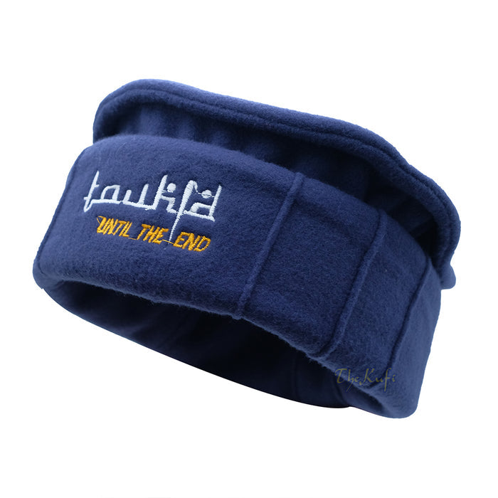 Dark Blue Afghani-Style "Tauhid until the end" Faux Wool Stretchable Pakol Mujahidin Soft Kufi Hat
