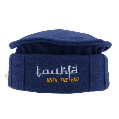 Dark Blue Afghani-Style "Tauhid until the end" Faux Wool Stretchable Pakol Mujahidin Soft Kufi Hat