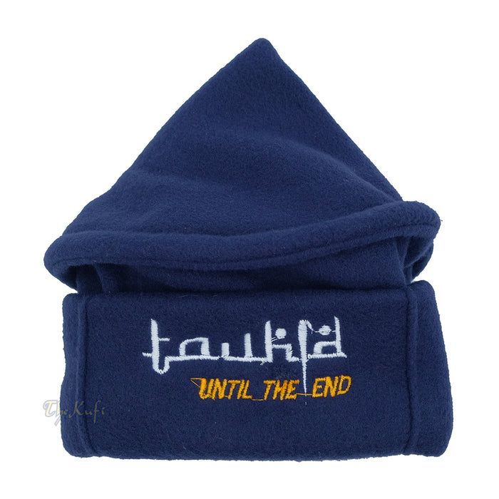 Dark Blue Afghani-Style "Tauhid until the end" Faux Wool Stretchable Pakol Mujahidin Soft Kufi Hat