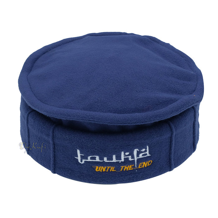 Dark Blue Afghani-Style "Tauhid until the end" Faux Wool Stretchable Pakol Mujahidin Soft Kufi Hat