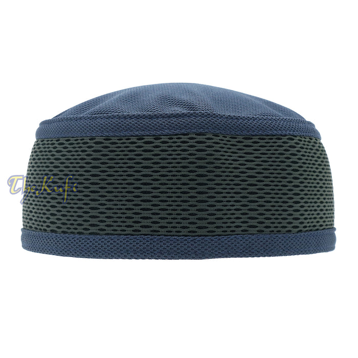 Blue and dark gray mesh Islamic kufi cap with breathable ventilated design from TheKufi.com.