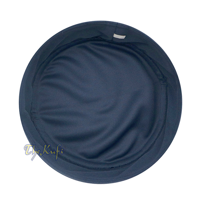 Blue and dark gray mesh Islamic kufi cap with breathable ventilated design from TheKufi.com.