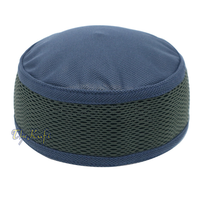 Blue and dark gray mesh Islamic kufi cap with breathable ventilated design from TheKufi.com.