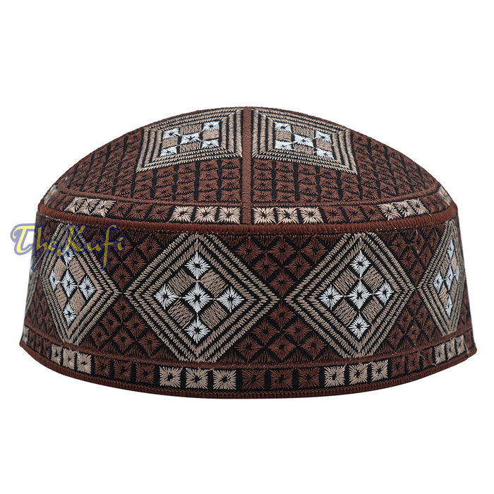 Dark Brown Light Brown White Diamond Intricately Embroidered Design Pakistan Kufi