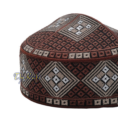 Dark Brown Light Brown White Diamond Intricately Embroidered Design Pakistan Kufi