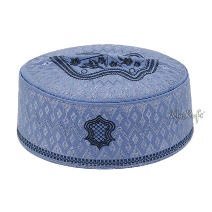 Dark Gray & Black Assagofah Embroidered Sandal Diamond Design Creased-Top Oval Nalain Rigid Kufi Hat
