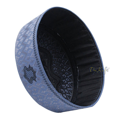 Dark Gray & Black Assagofah Embroidered Sandal Diamond Design Creased-Top Oval Nalain Rigid Kufi Hat