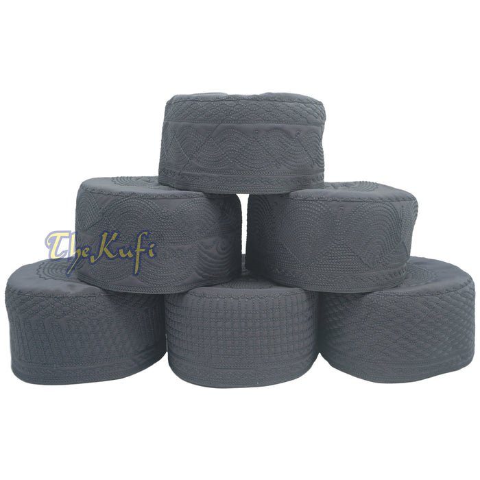 Dark Gray Madinah Kufi | Mix Fabric Embroidered 3-inch Islamic Cap Hat