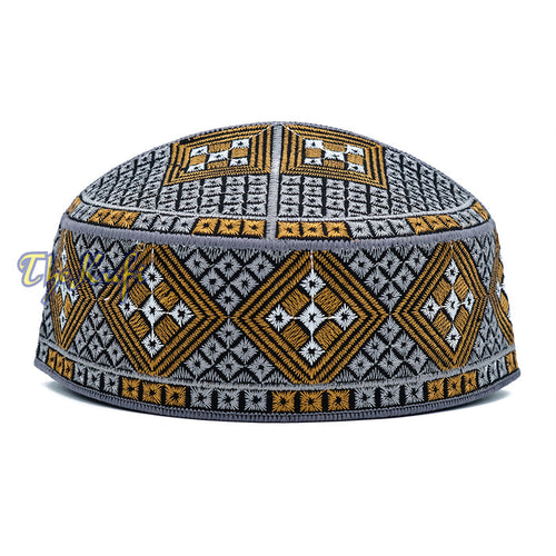 Dark Gray Rust Brown White Diamond Intricately Embroidered Design Pakistan Kufi