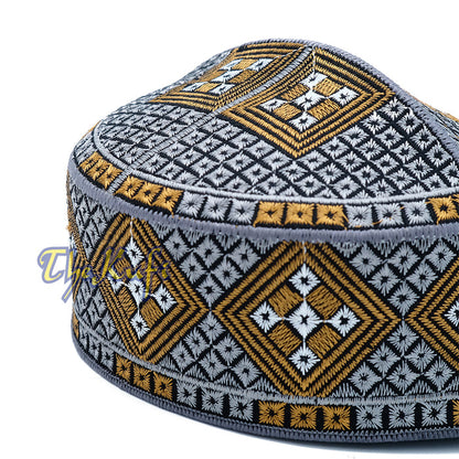 Dark Gray Rust Brown White Diamond Intricately Embroidered Design Pakistan Kufi