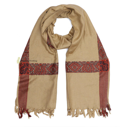 Dark Khaki Rust Brown Border Yemeni Habaib Faux Cashmere Sorban Scarf Turban with Design