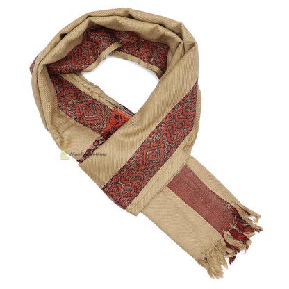 Dark Khaki Rust Brown Border Yemeni Habaib Faux Cashmere Sorban Scarf Turban with Design